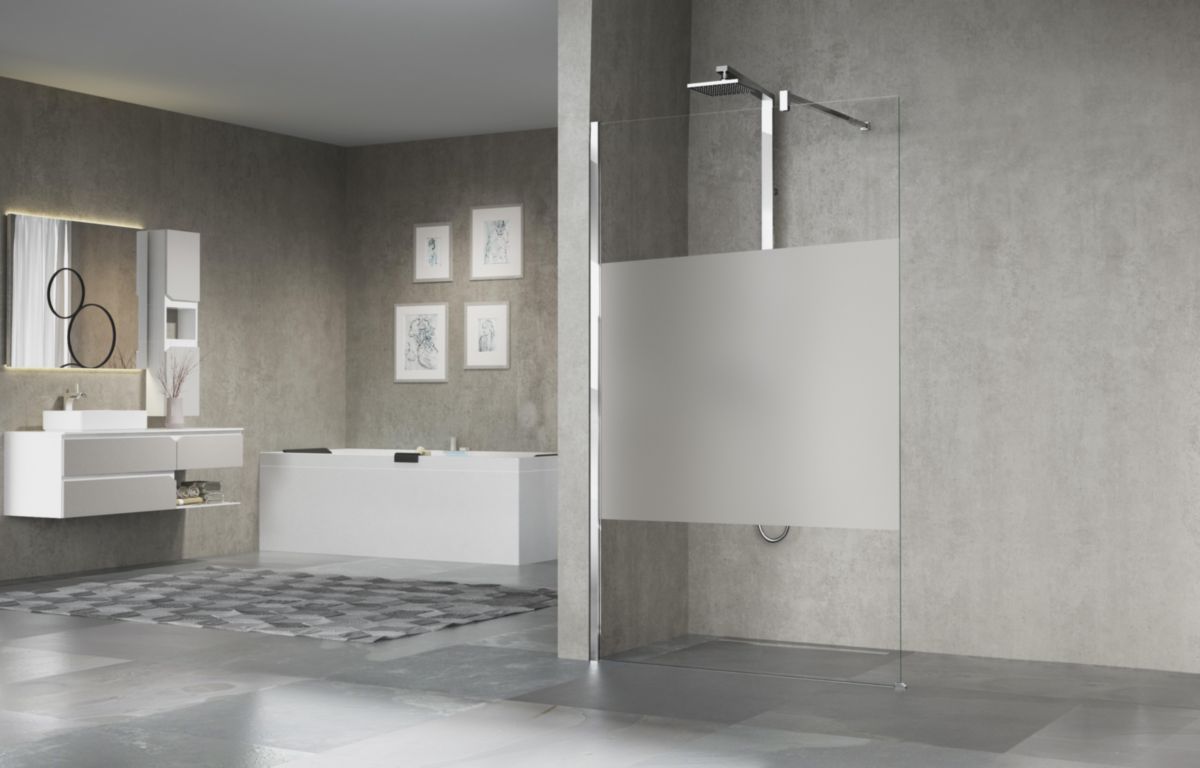 Paroi de douche GIADA H, 98 cm extensible jusqu'à 100 cm, fixe, réversible, en verre bande satin et profilé chromé Réf. GIADAH100-44K