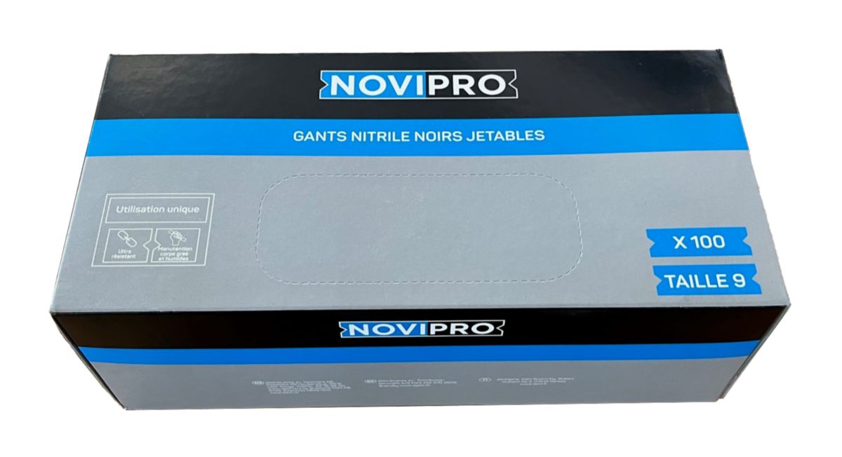 Gants jetables nitrile noir résistants Novipro - boîte de 100 taille 9