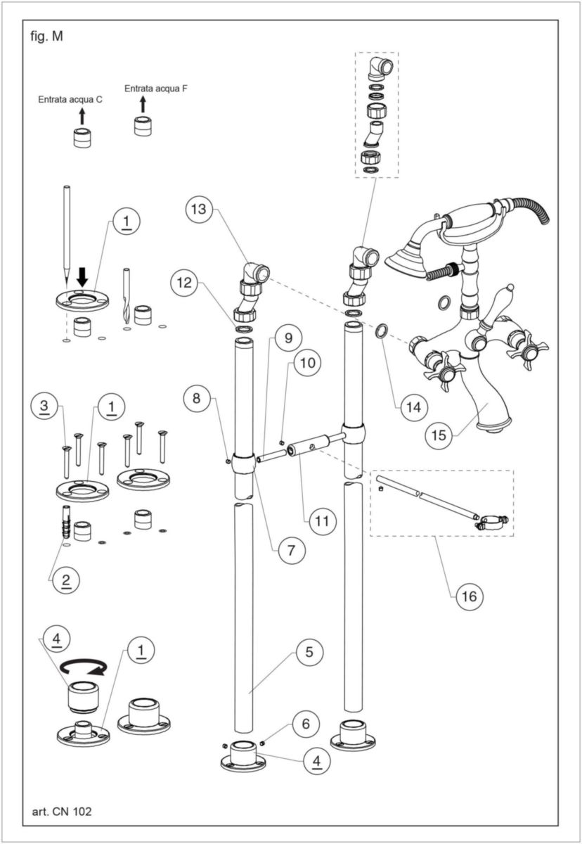 Colonnettes sur pied chromé pour baignoire Rétro hauteur 900mm 'raccords femelle 1/2' mâle 3/4' réf. CH16251