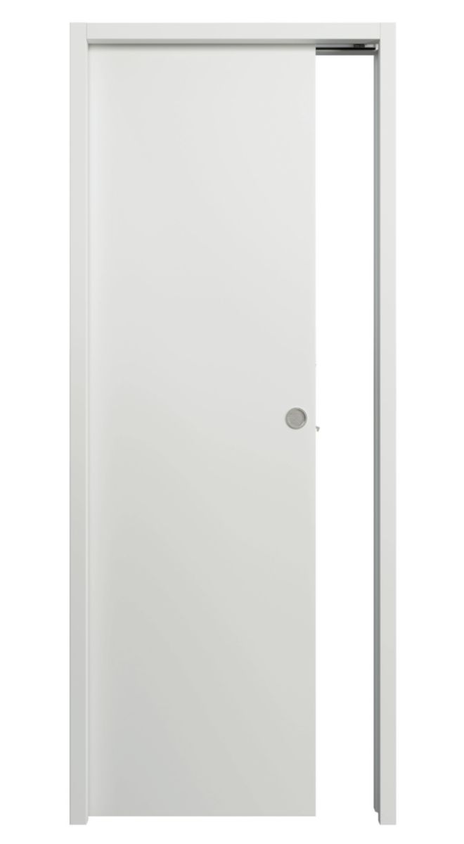 Porte seule BERING âme pleine acoustique mélaminée Blanc usinage complet pour porte coulissante 204x93cm 40mm avec serrure et kit garniture ronde finition inox Emballée