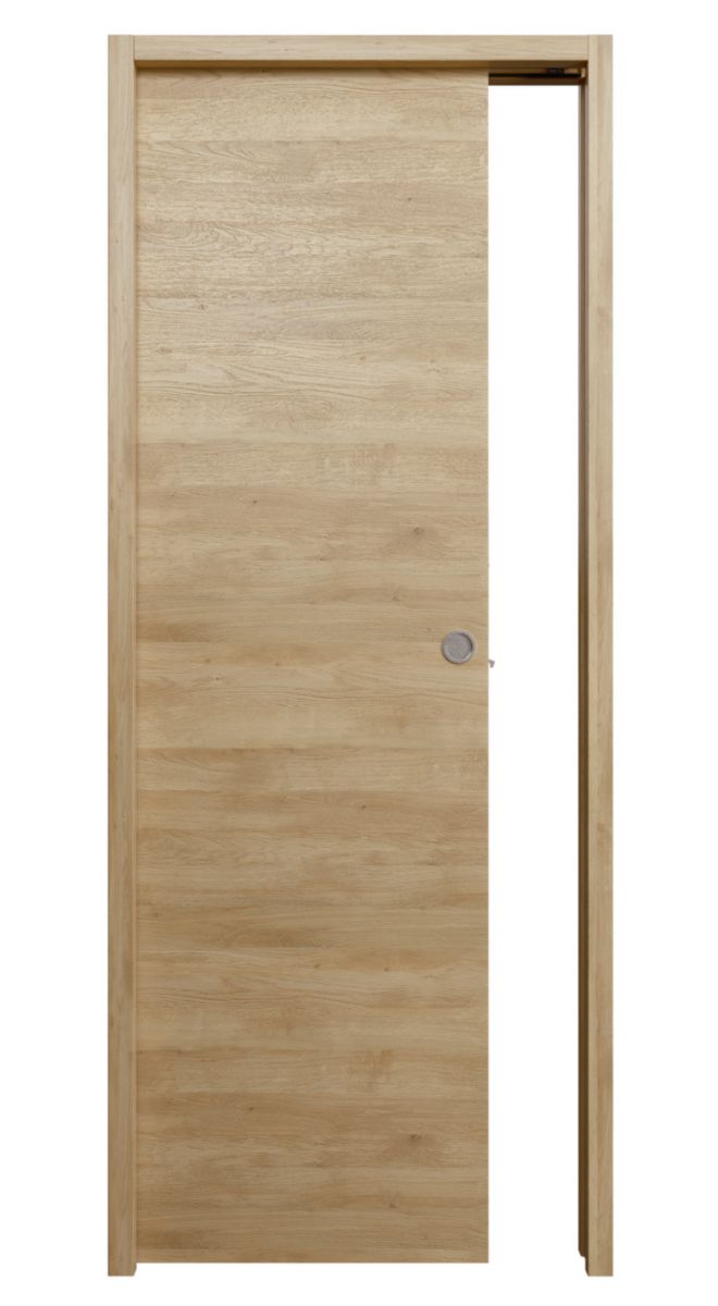 Porte seule BERING âme pleine isophonique 28 dB(a) mélaminée chêne naturel usinage complet pour porte coulissante 204x73cm 40mm kit garniture ronde finition inox sans serrure - emballée