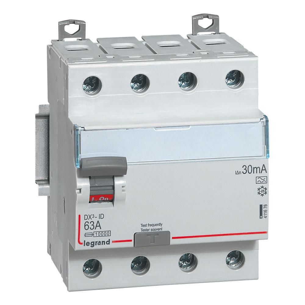 Interrupteur différentiel DX³-ID - type AC 30 mA - vis/vis - 4P 400V~ - 63A - départ bas - 4 modules