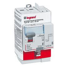 Interrupteur differentiel bipolaire - type AC 30mA arrivée haut/départ haut 63 A. Legrand  Réf 092897