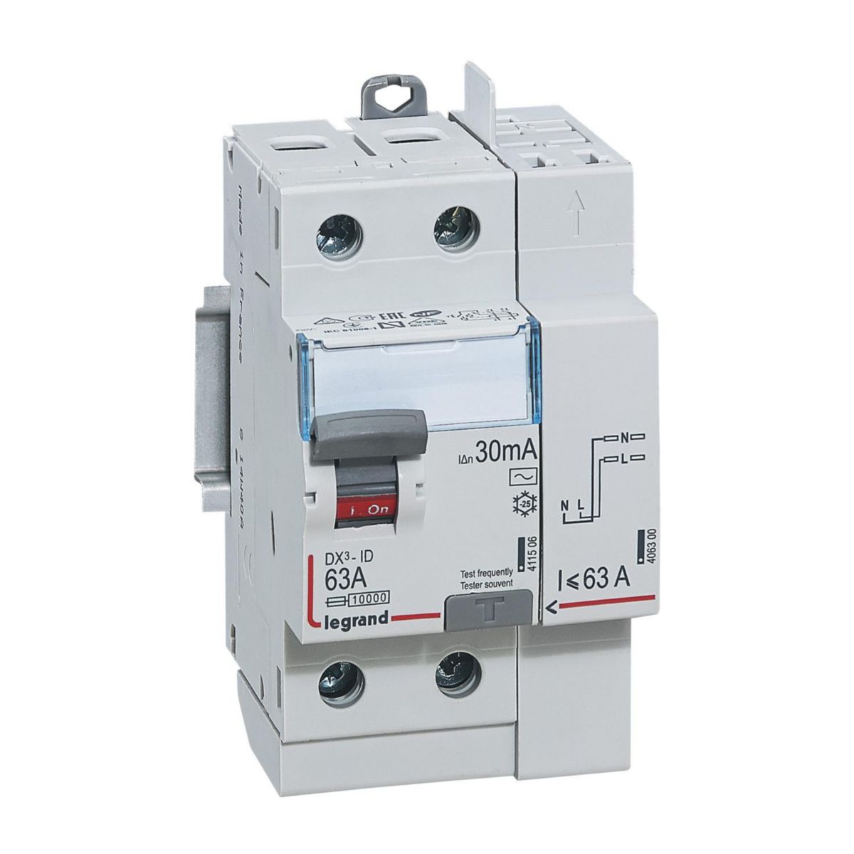 Interrupteur differentiel bipolaire - type AC 30mA arrivée haut/départ haut 63 A. Legrand  Réf 092897