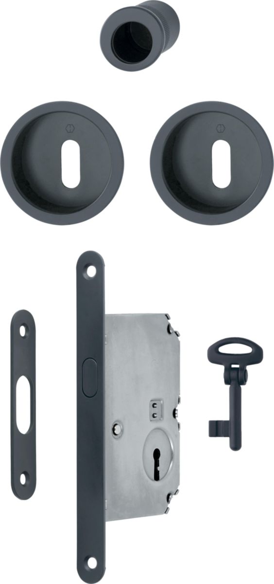 4920 - Set pour porte coulissante Kit3 F9714M noir mat clé L 50 mm avec gâche 33-40 mm Clé rabattable longueur 47,5 mm HOPPE-Logo Réf.12151786