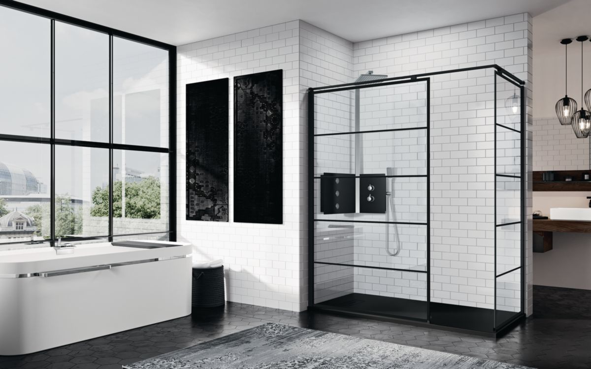 Paroi de douche Kuadra H Stripes - noir - 117x120 cm - H. 2 m