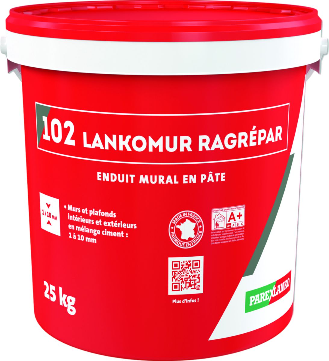 Enduit de ragréage mural 102 Lankomur Ragrepar - ép. 1 à 10 mm - seau de 25 kg