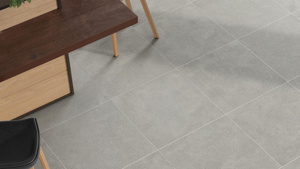 Carrelage effet ciment Concrete - grès cérame rectifié - ton taupe bouchardé - 59,7x59,7 cm - ép. 10,5 mm