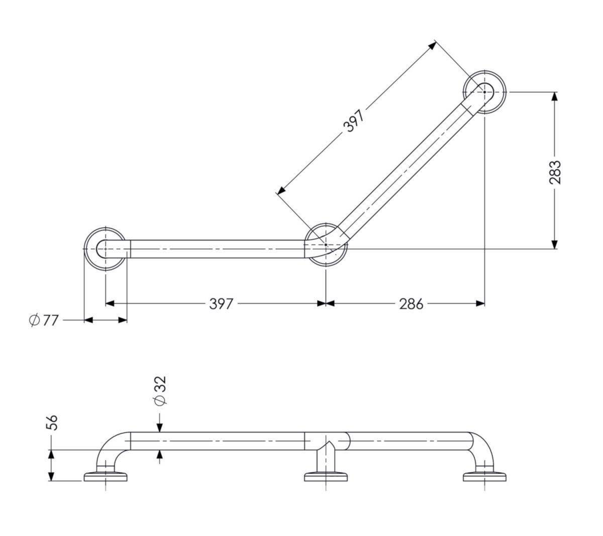 Barre à 135° inox 3 fixations D 32 x 400 x 400 mm libre service réf. 01264-LS