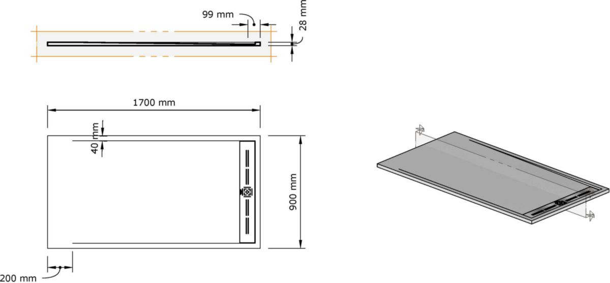 Receveur Alterna Daily'C 170x90cm caniveau ardoise blanc