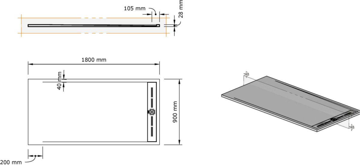 Receveur Alterna Daily'C 180x90cm caniveau ardoise blanc