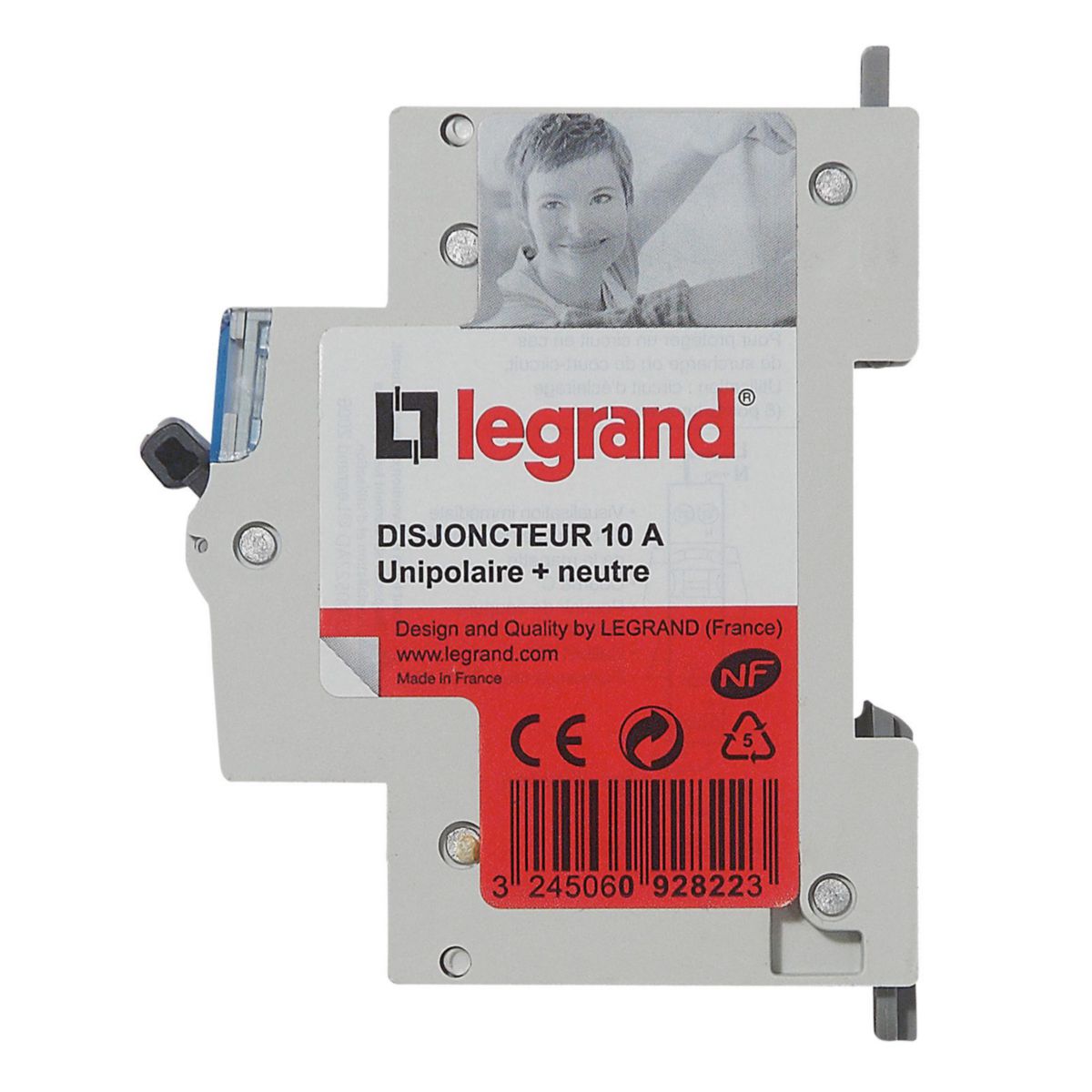 Disjoncteur Phase + Neutre - 10A - bornes à vis - 1 module. Legrand  Réf 092822