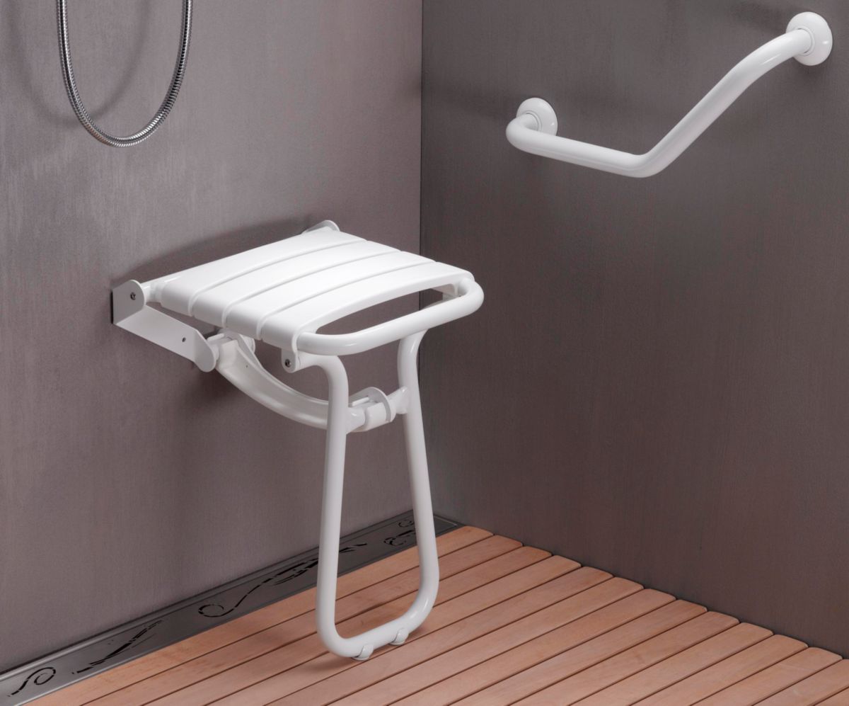 Siège de douche escamotable 38 x 35,5 cm blanc avec béquille automatique réf. 047630