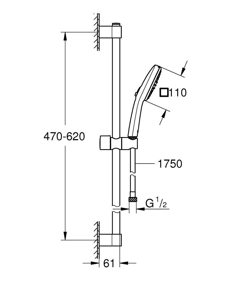 Ensemble de douche 2 jets 8l avec barre 600 mm Tempesta Cube 110 Chromé Réf. 26748003