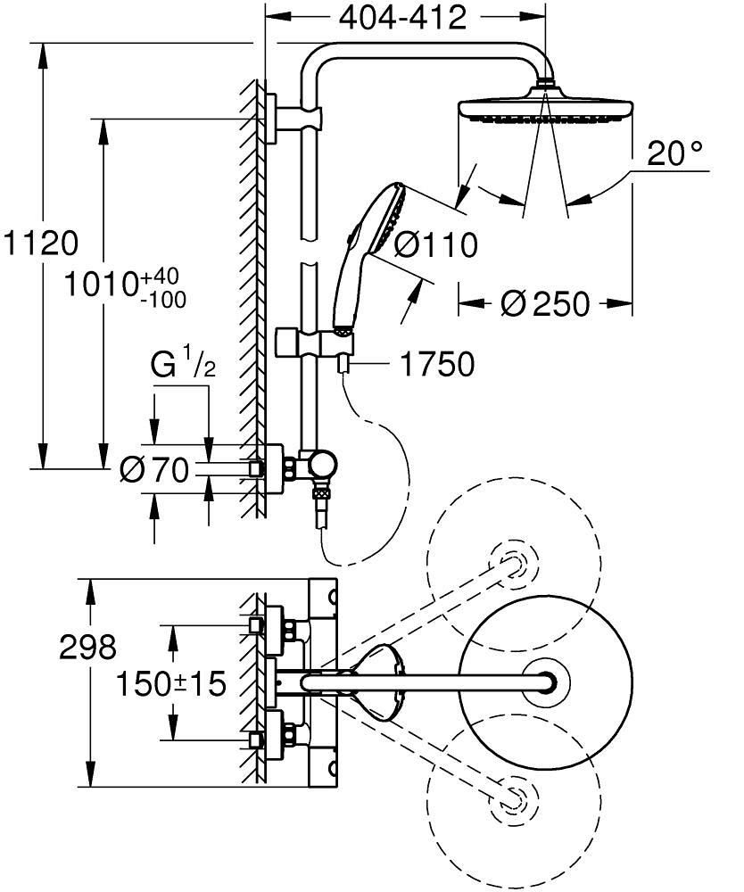 Tempesta Syst 250 Colonne de douche 9,5l avec mitigeur thermostatique Chromé Réf. 26671001