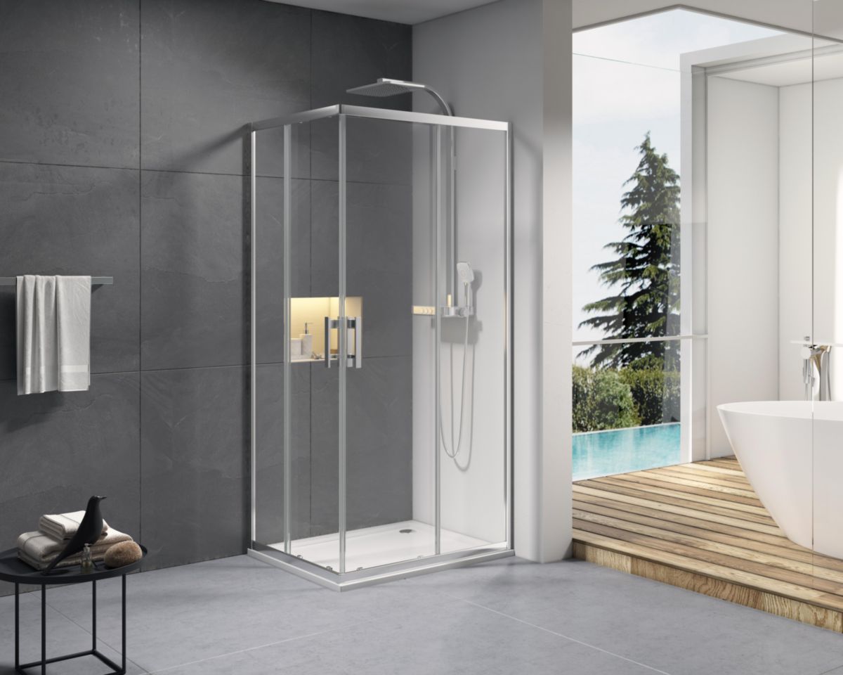 Paroi de douche Alterna Concerto accès en angle un côté réversible longueur 80 cm profilé argent brillant verre transparent