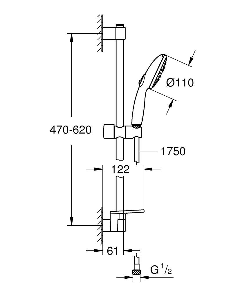 Ensemble de douche 3 jets 8l avec barre 600 mm et tablette Tempesta 110 Chromé Réf. 27600003