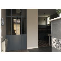 Porte verrière acier battante H 2040 X 930 - avec soubassement tôlé H 990 - 3 vitrages - verre feuilleté 33/2 de 6 mm clair - thermolaquée RAL GRIS 7016 satiné