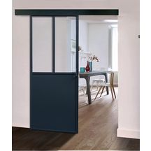 Porte verrière acier coulissante H 2040 X 830 - avec soubassement tôlé H 990 - 2 vitrages - verre feuilleté 33/2 de 6 mm clair - thermolaquée RAL GRIS 7016 satiné