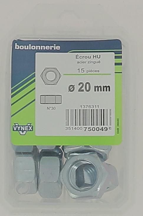 Écrou hexagonal - acier zingué - Ø 20 mm - sachet de 15 pcs