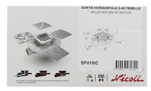 Siphon pour sols carrelés faible hauteur avec cadre et grille à carreler 10x10 inox Réf. SFH10IC