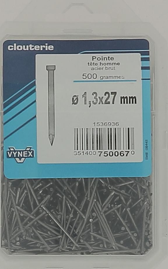 Pointe tête homme acier brut 1,3x27-vybac x500g