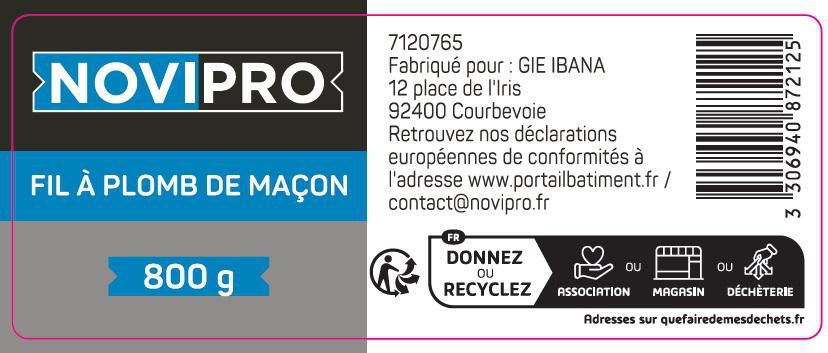 Plomb maçon conique avec cordeau 800 grs Novipro