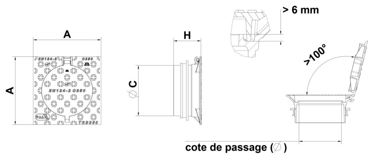 Regard boîte de branchement - fonte noire - classe C250 - 360x360 mm - Ø 225 mm