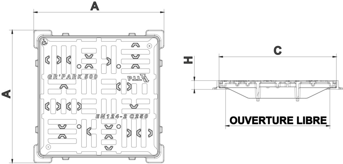 Grille plate avec cadre C250 500 x 500 PMR