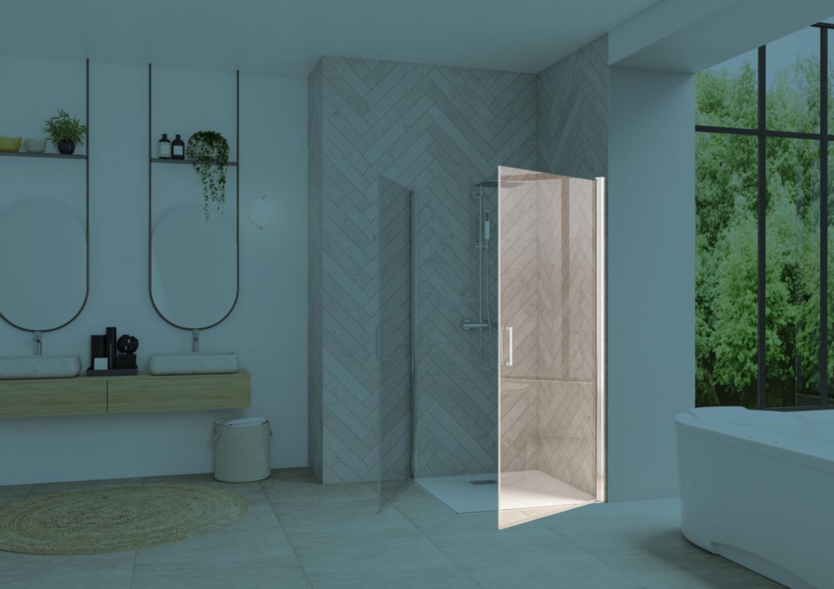 Paroi de douche Smart Design angle porte pivotante sans seuil XXL 120 cm profilé chromé verre transparent Réf. PA90181CTNE