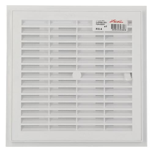 Grille d'aération carrée à fermeture + moustiquaire PVC blanc 223x223 mm Section réduite 145 cm²