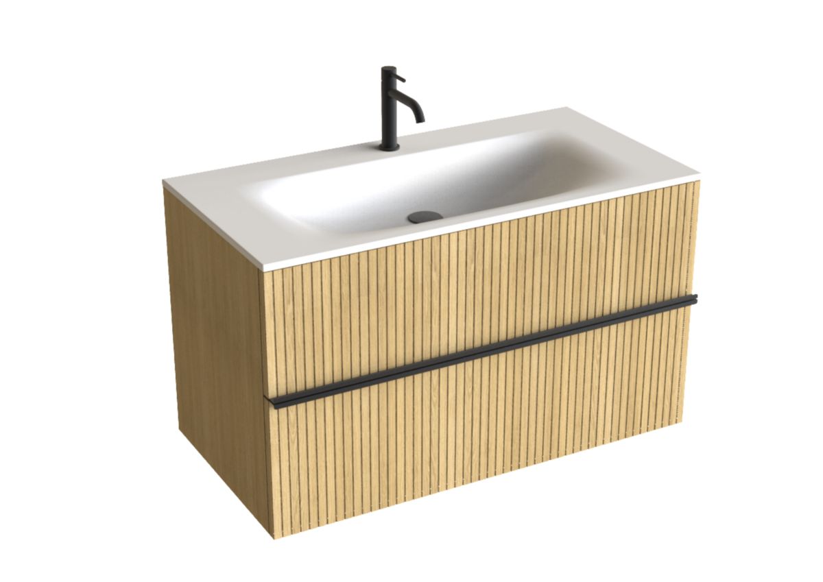 Meuble vasque Woody largeur 90 cm plan monobloc Solid Surface - Chêne naturel Réf : 182160100001