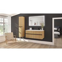 Meuble vasque Woody largeur 120 cm plan vasque monobloc Solid Surface -placage chêne naturel avec façade rainurée noire Réf : 182162100001