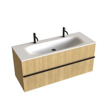 Meuble vasque Woody largeur 120 cm plan vasque monobloc Solid Surface -placage chêne naturel avec façade rainurée noire Réf : 182162100001