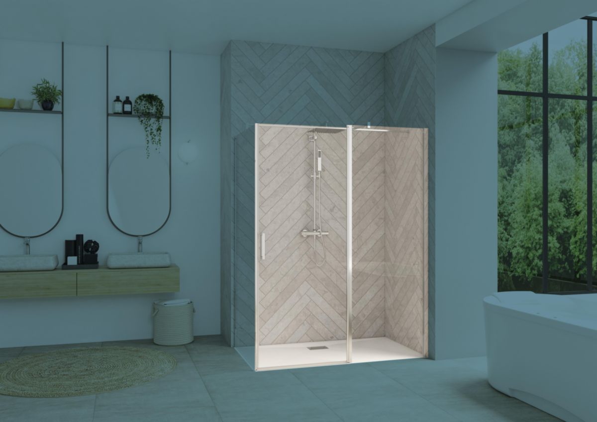 Paroi de douche Smart Design angle porte pivotante sans seuil XXL 120 cm profilé chromé verre transparent Réf. PA90181CTNE