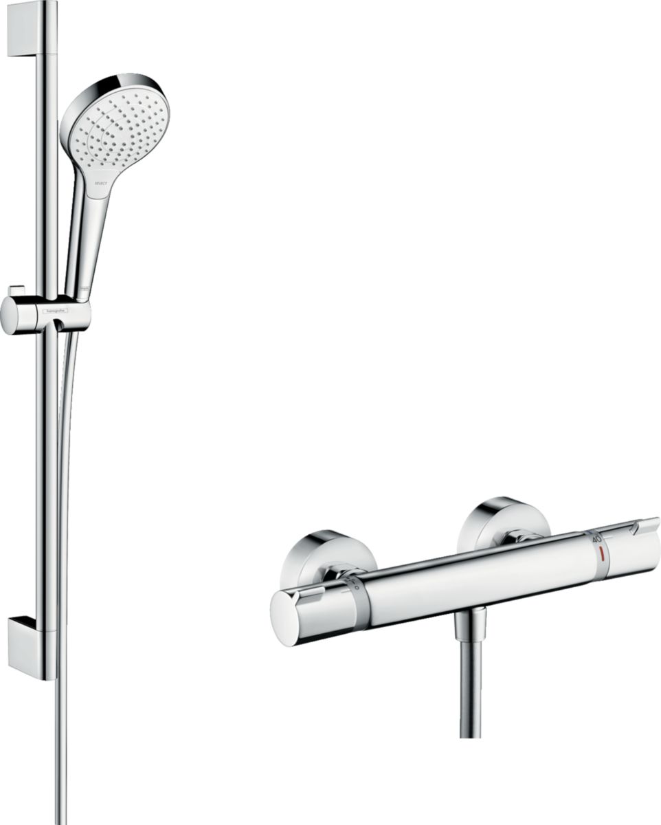 Ensemble de douche Croma Select S 110 Vario 3 jets avec mitigeur thermostatique et barre 65 cm Blanc/Chrome 27013400