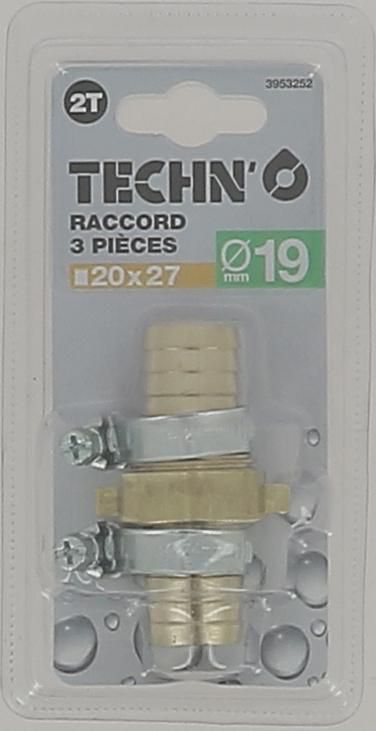 Raccord 3 pièces Laiton D.19mm - 20x27 + 2 colliers, réf. 98.00086