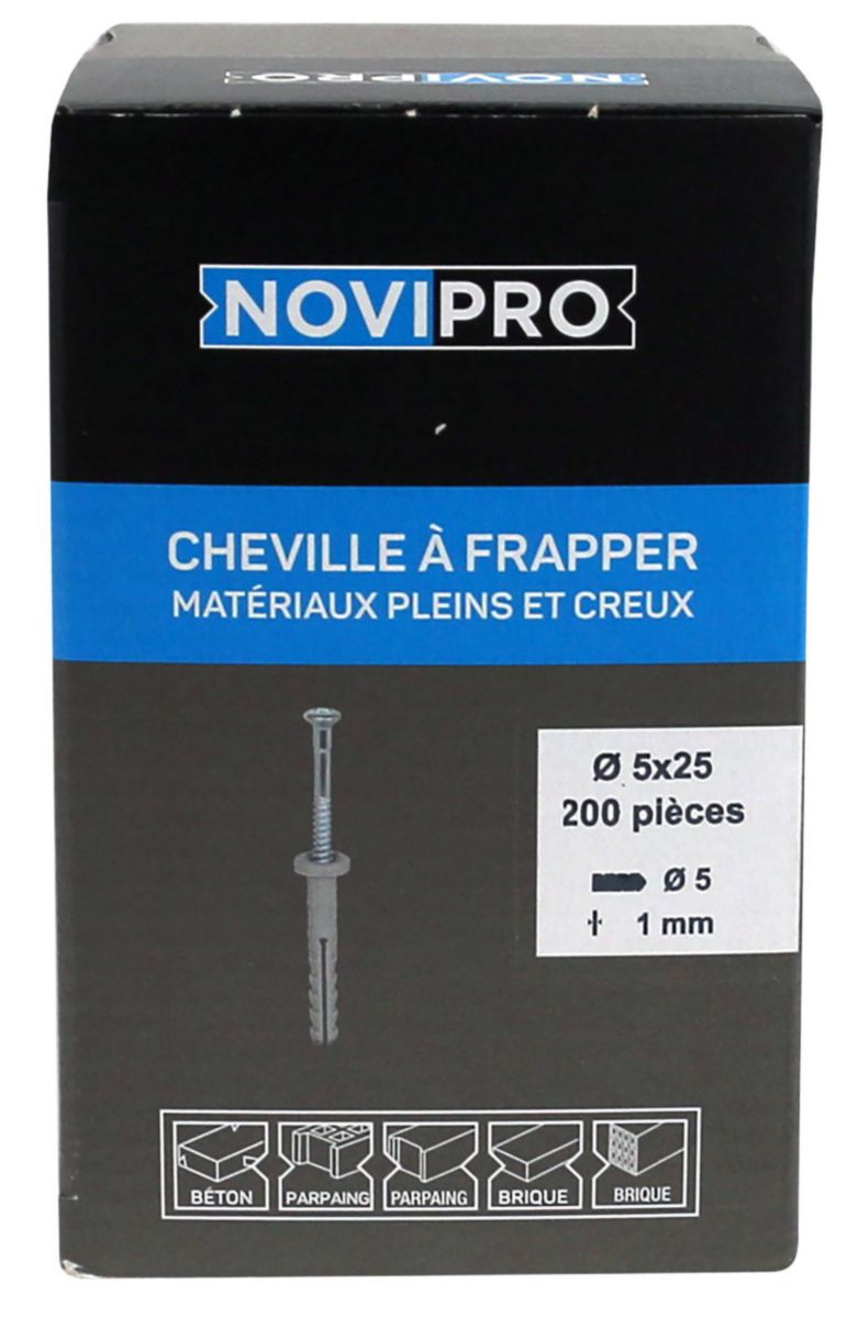 Cheville clou Novipro pour matériaux pleins et creux diamètre 5 x 25 mm boîte de 200 pièces