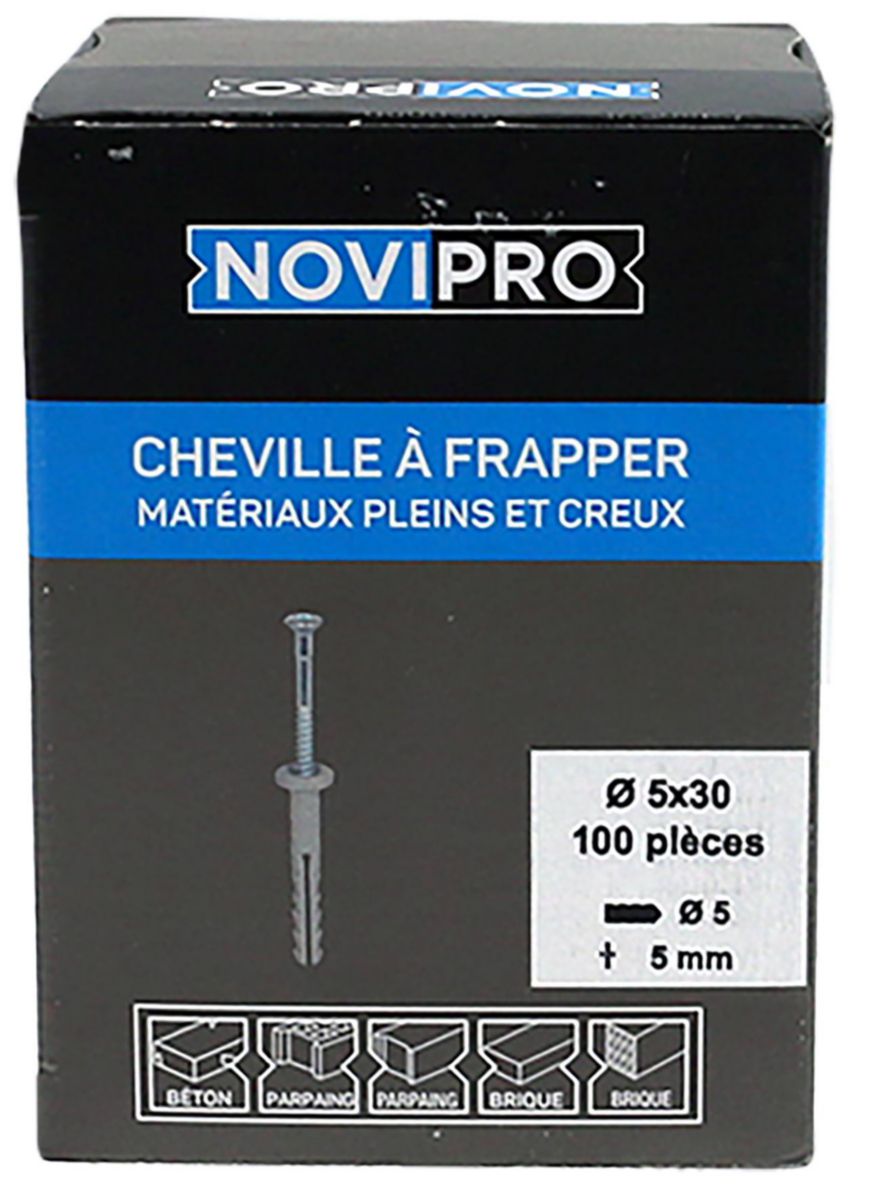 Cheville clou Novipro pour matériaux pleins et creux diamètre 5 x 30 mm boîte de 100 pièces