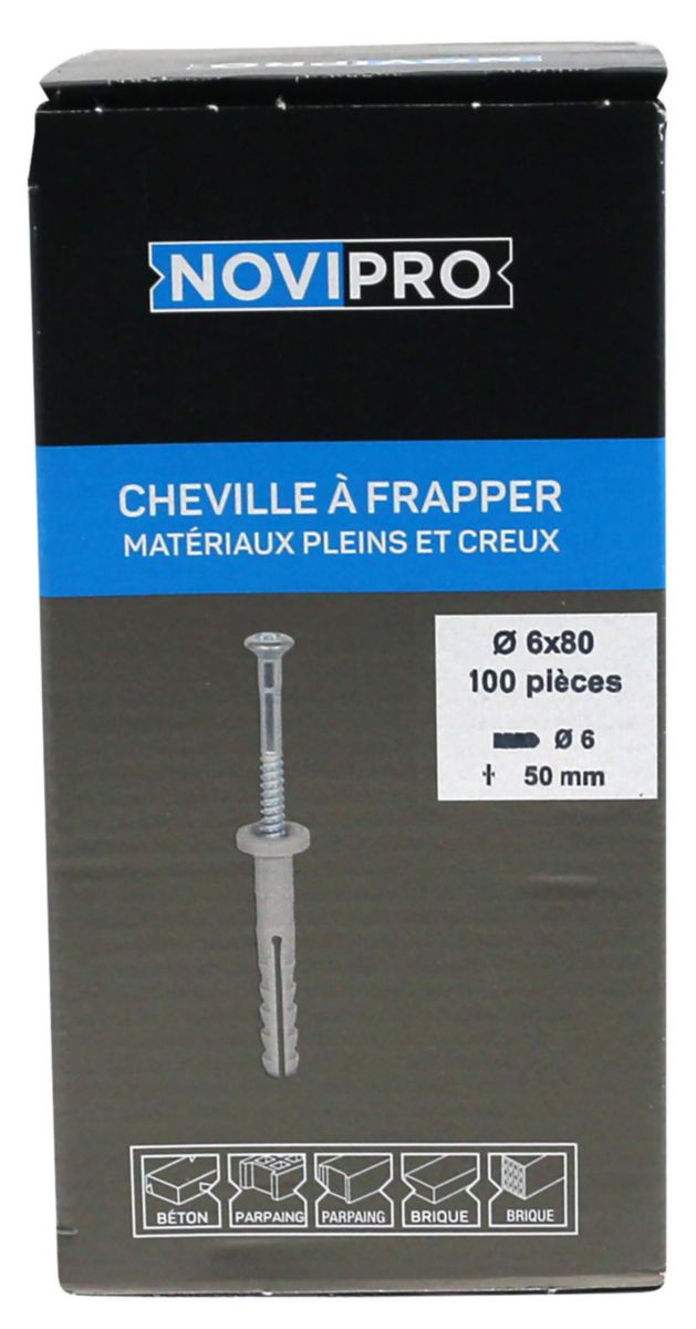 Cheville clou Novipro pour matériaux pleins et creux diamètre 6 x 80 mm boîte de 100 pièces