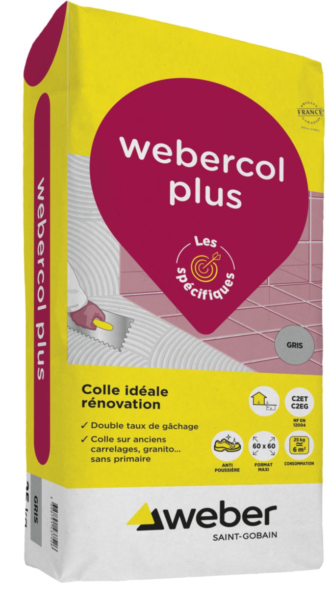 Mortier-colle webercol plus pour rénovation de carrelage - gris - sac de 25 kg