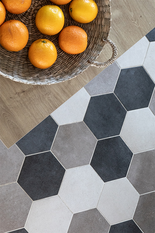 carrelage sol hexagonal gris