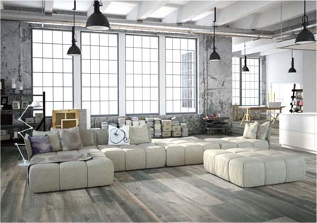 Sol en PVC effet bois dans un salon loft