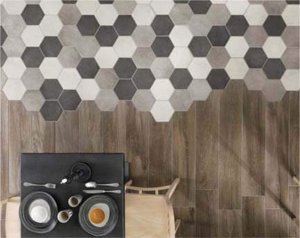 Carrelage hexagonal avec sol imitation parquet