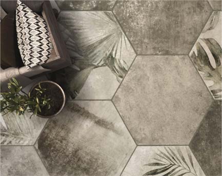 alt : Salon avec carrelage hexagonal à motifs au sol